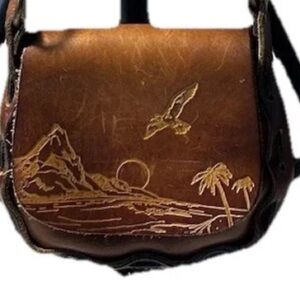 Vintage Brown Hand Tooled 60s 70s Leather Hippie Boho Shoulder Bag Purse
